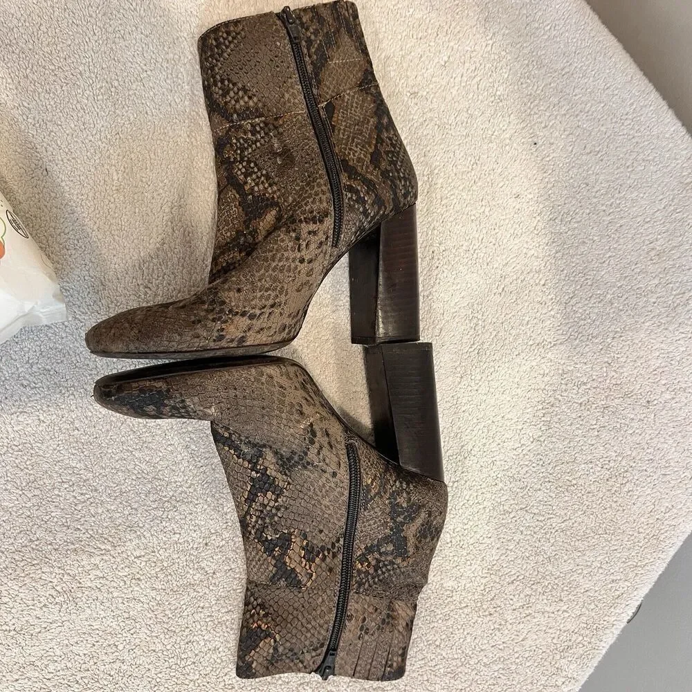 Free People Brown Leather Booties Snake Print Heels Women US 7.5 Eu 38 Boho Chic